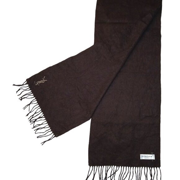Yves Saint Laurent YSL Brown Tan Embroidered Wool Fringed Scarf Pre-Owned - Picture 2 of 8